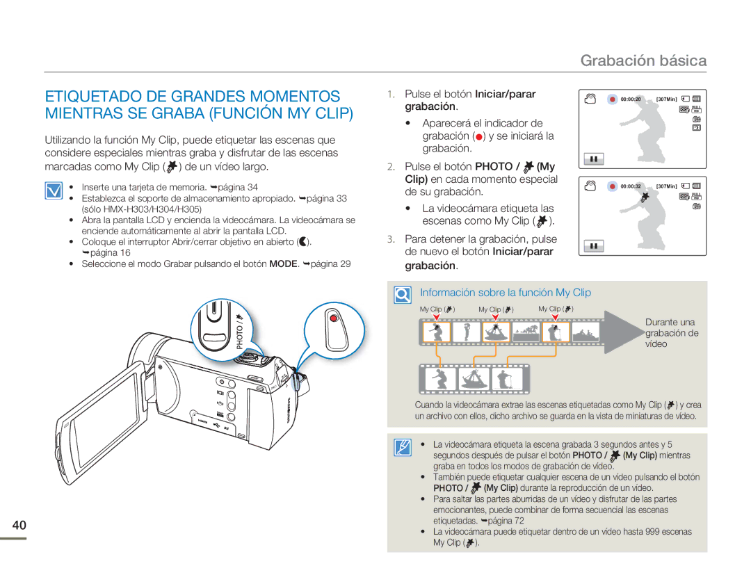 Samsung HMX-H400BP/EDC, HMX-H400BP/XIL manual Información sobre la función My Clip 