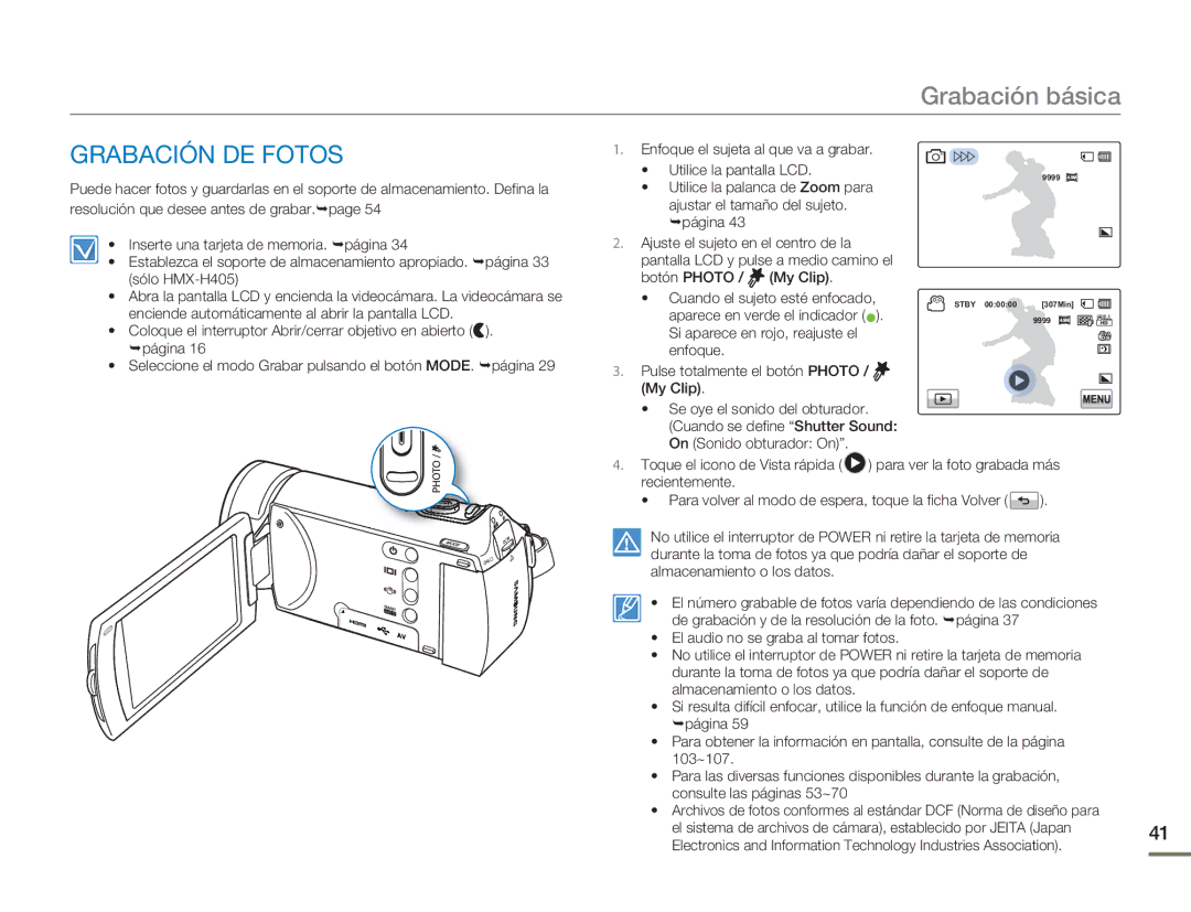 Samsung HMX-H400BP/XIL, HMX-H400BP/EDC manual Grabación DE Fotos 