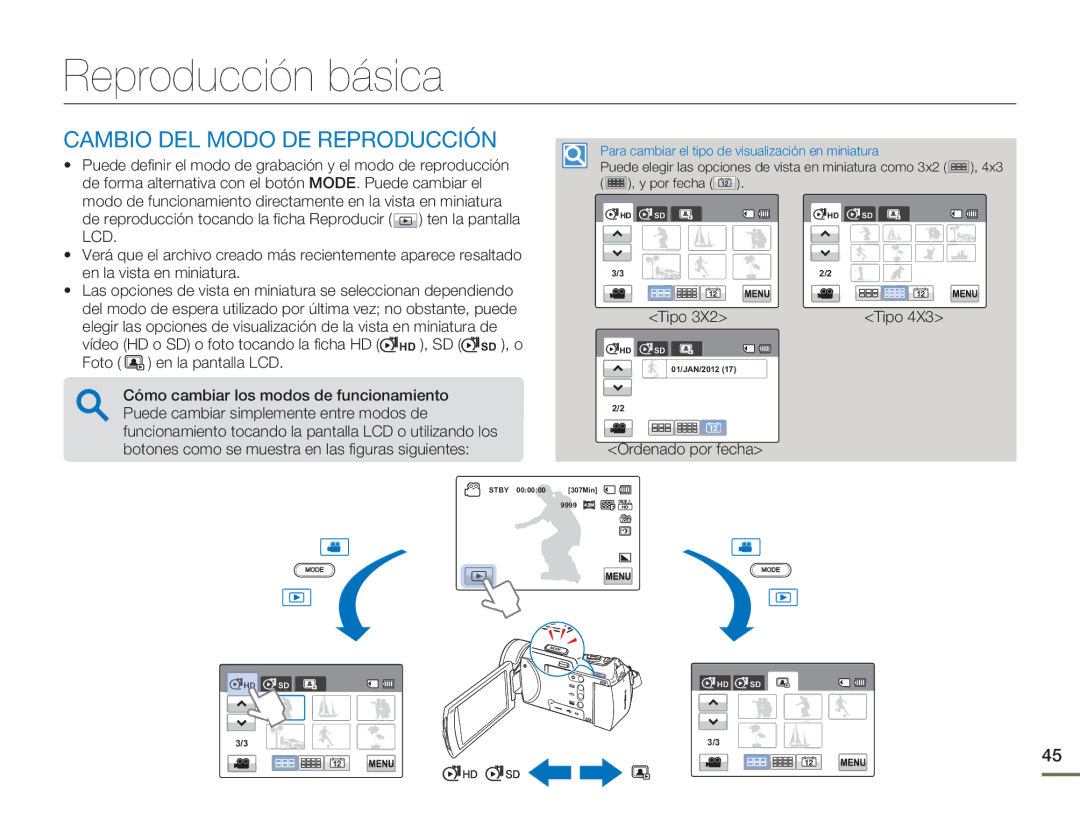 Samsung HMX-H400BP/XIL, HMX-H400BP/EDC manual Reproducción básica, Cambio DEL Modo DE Reproducción, Tipo, Ordenado por fecha 