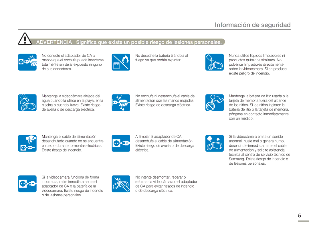 Samsung HMX-H400BP/XIL, HMX-H400BP/EDC manual Información de seguridad 