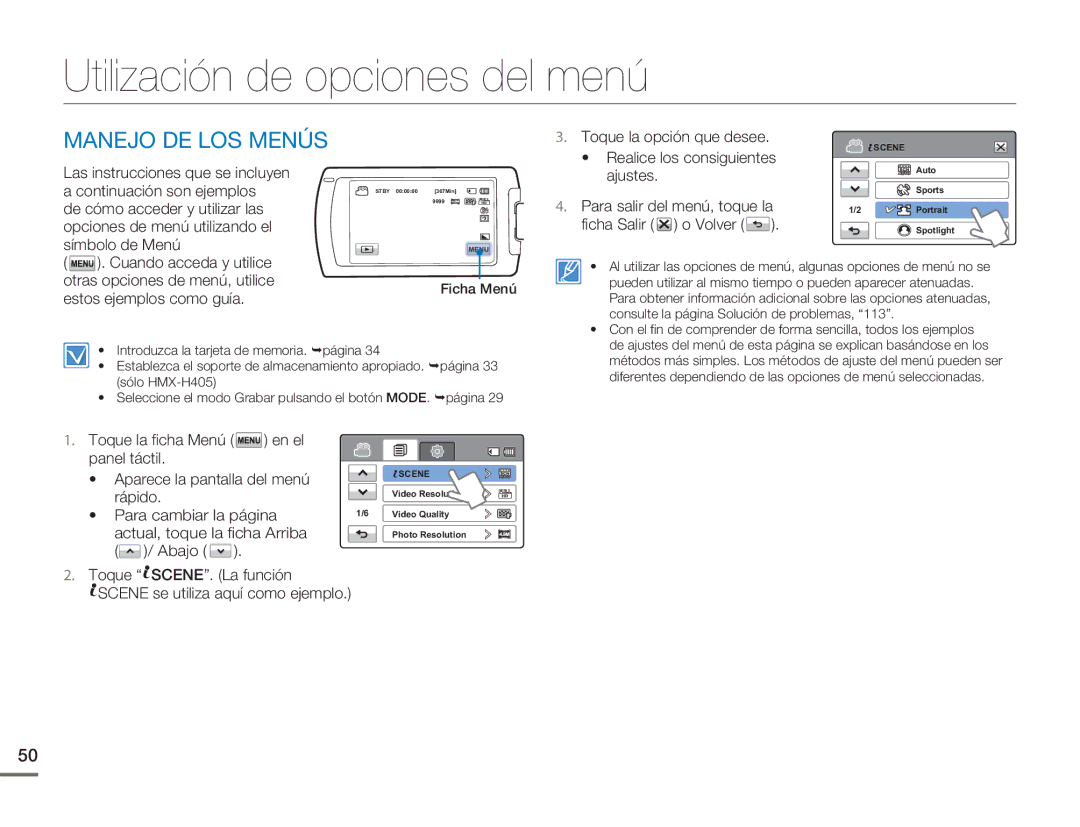 Samsung HMX-H400BP/EDC, HMX-H400BP/XIL manual Utilización de opciones del menú, Manejo DE LOS Menús 