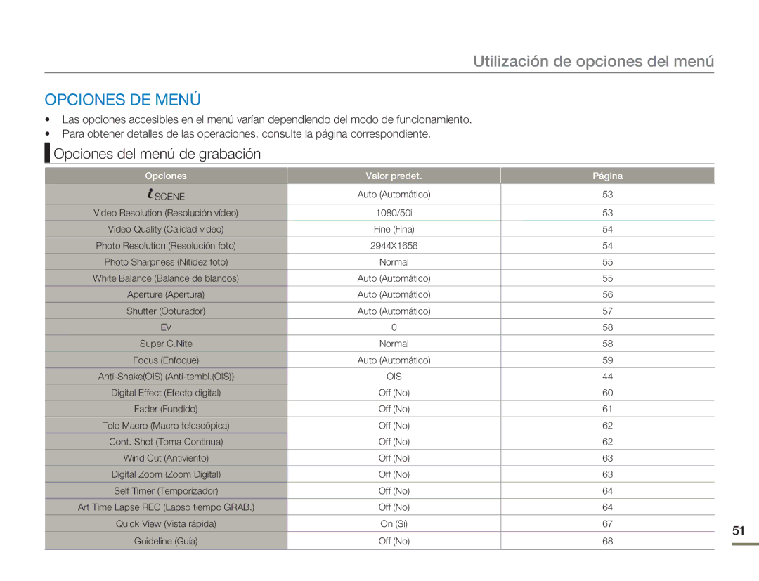 Samsung HMX-H400BP/XIL, HMX-H400BP/EDC Utilización de opciones del menú, Opciones DE Menú, Opciones del menú de grabación 