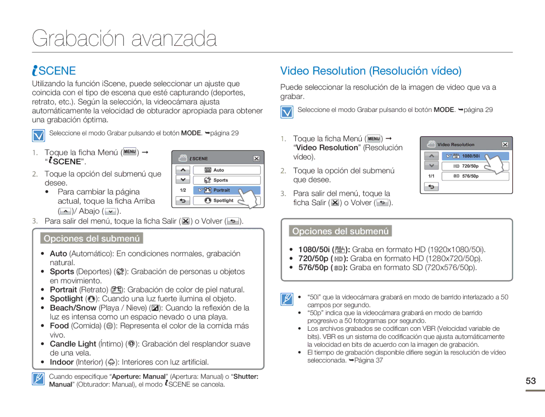 Samsung HMX-H400BP/XIL, HMX-H400BP/EDC manual Grabación avanzada, Scene, Video Resolution Resolución vídeo 