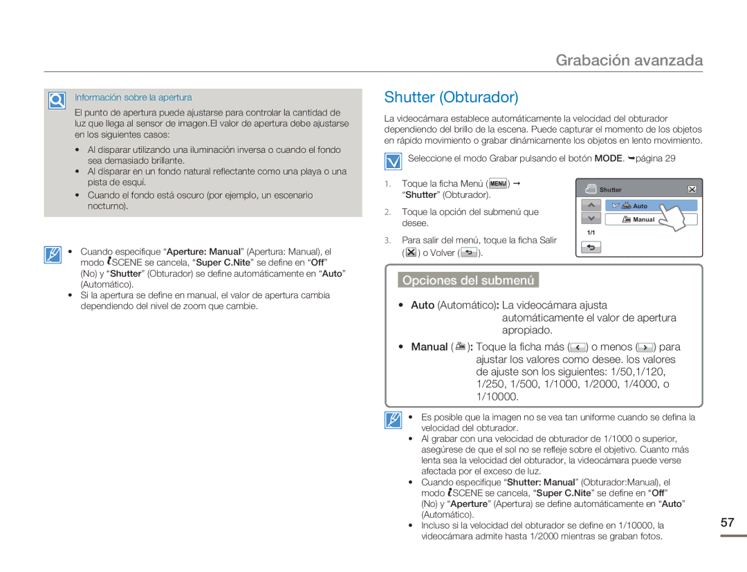 Samsung HMX-H400BP/XIL, HMX-H400BP/EDC manual Shutter Obturador 