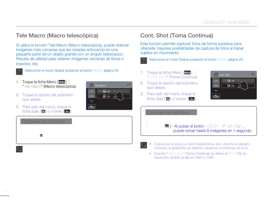 Samsung HMX-H400BP/EDC, HMX-H400BP/XIL Tele Macro Macro telescópica, Cont. Shot Toma Continua, Toque la opción del submenú 