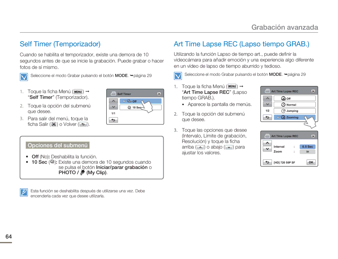 Samsung HMX-H400BP/EDC, HMX-H400BP/XIL manual Self Timer Temporizador, Art Time Lapse REC Lapso tiempo Grab 