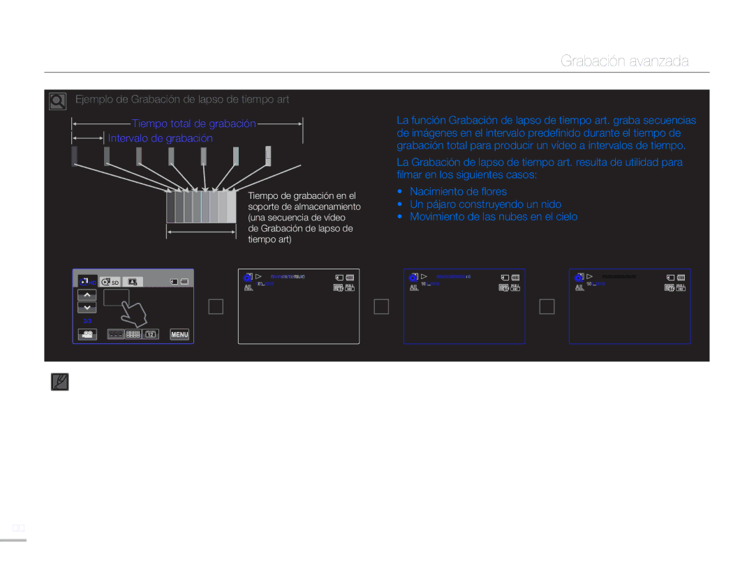 Samsung HMX-H400BP/EDC, HMX-H400BP/XIL manual Tiempo total de grabación Intervalo de grabación, Línea de tiempo 