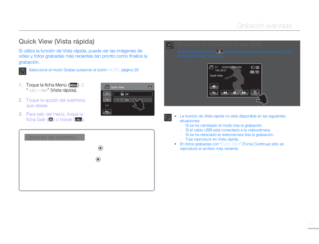 Samsung HMX-H400BP/XIL, HMX-H400BP/EDC manual Quick View Vista rápida, Eliminación de archivos tras la Vista rápida 