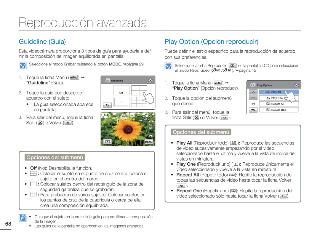 Samsung HMX-H400BP/EDC, HMX-H400BP/XIL manual Reproducción avanzada, Guideline Guía, Play Option Opción reproducir 