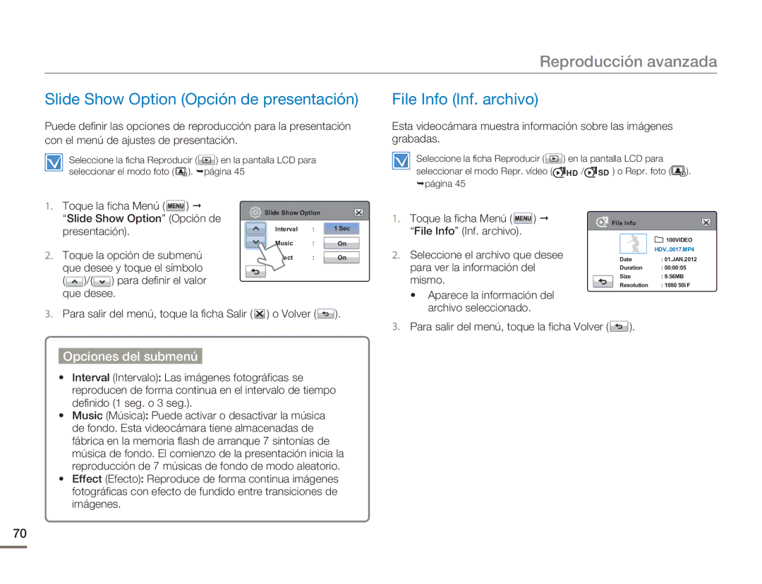 Samsung HMX-H400BP/EDC, HMX-H400BP/XIL manual Slide Show Option Opción de presentación, File Info Inf. archivo 
