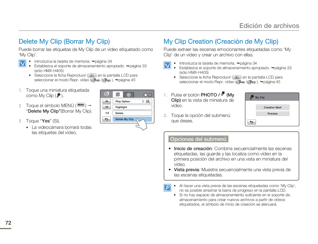 Samsung HMX-H400BP/EDC manual Edición de archivos, Delete My Clip Borrar My Clip, My Clip Creation Creación de My Clip 