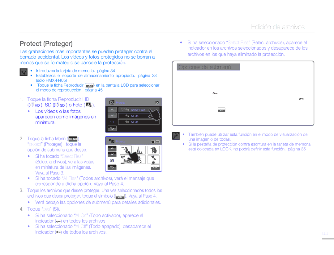 Samsung HMX-H400BP/XIL manual Protect Proteger, Select Files Selec. archivos Protege las imágenes, Individualmente 
