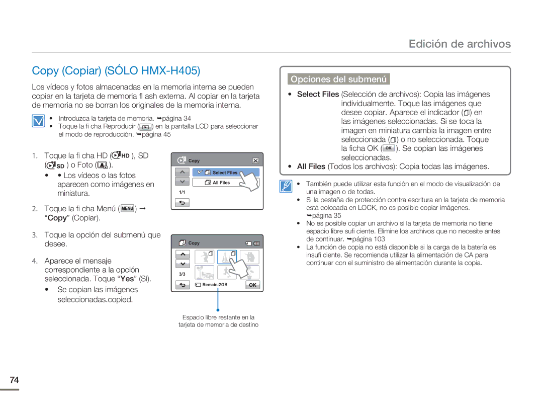 Samsung HMX-H400BP/EDC, HMX-H400BP/XIL manual Copy Copiar Sólo HMX-H405 