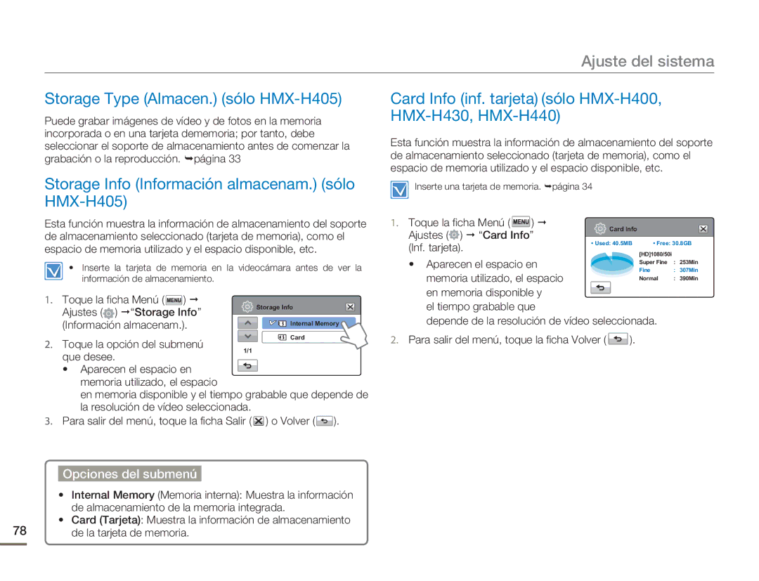 Samsung HMX-H400BP/EDC, HMX-H400BP/XIL manual Ajuste del sistema, Storage Type Almacen. sólo HMX-H405 