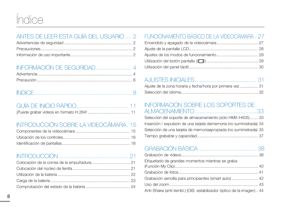 Samsung HMX-H400BP/EDC, HMX-H400BP/XIL manual Índice, Etiquetado de grandes momentos mientras se graba 