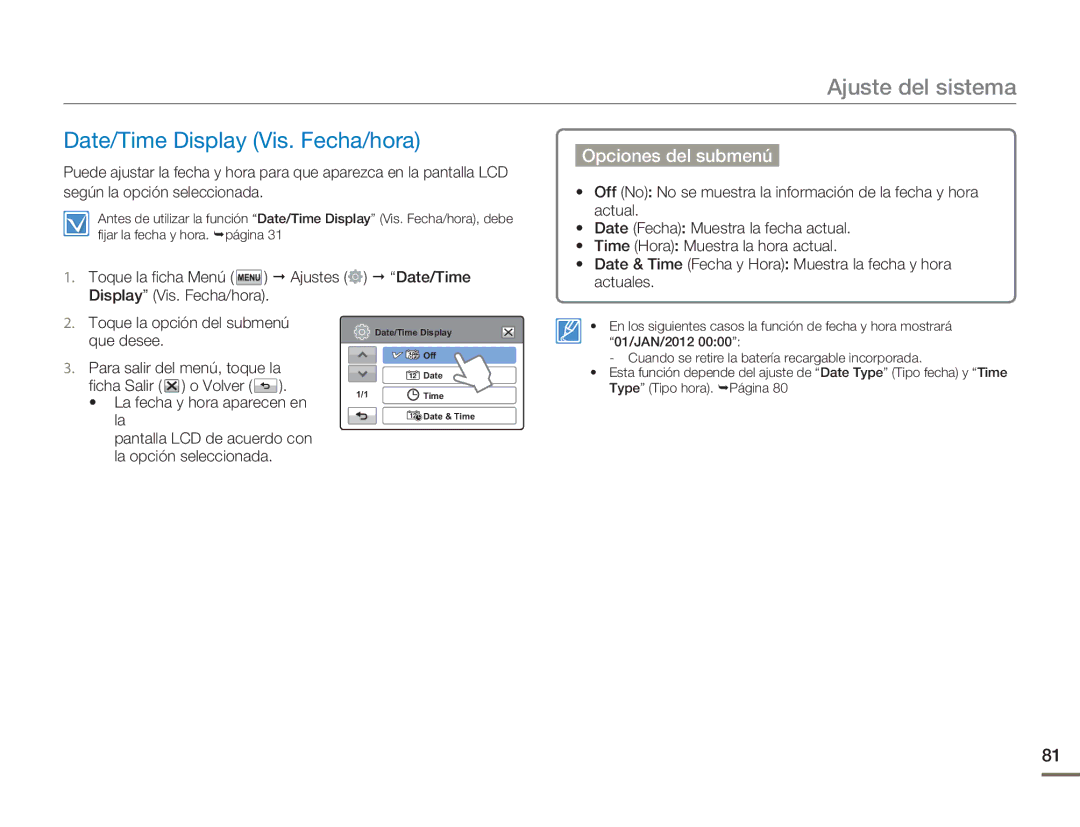 Samsung HMX-H400BP/XIL, HMX-H400BP/EDC manual Date/Time Display Vis. Fecha/hora 