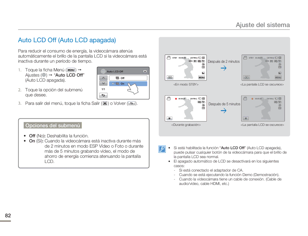 Samsung HMX-H400BP/EDC, HMX-H400BP/XIL manual Auto LCD Off Auto LCD apagada 