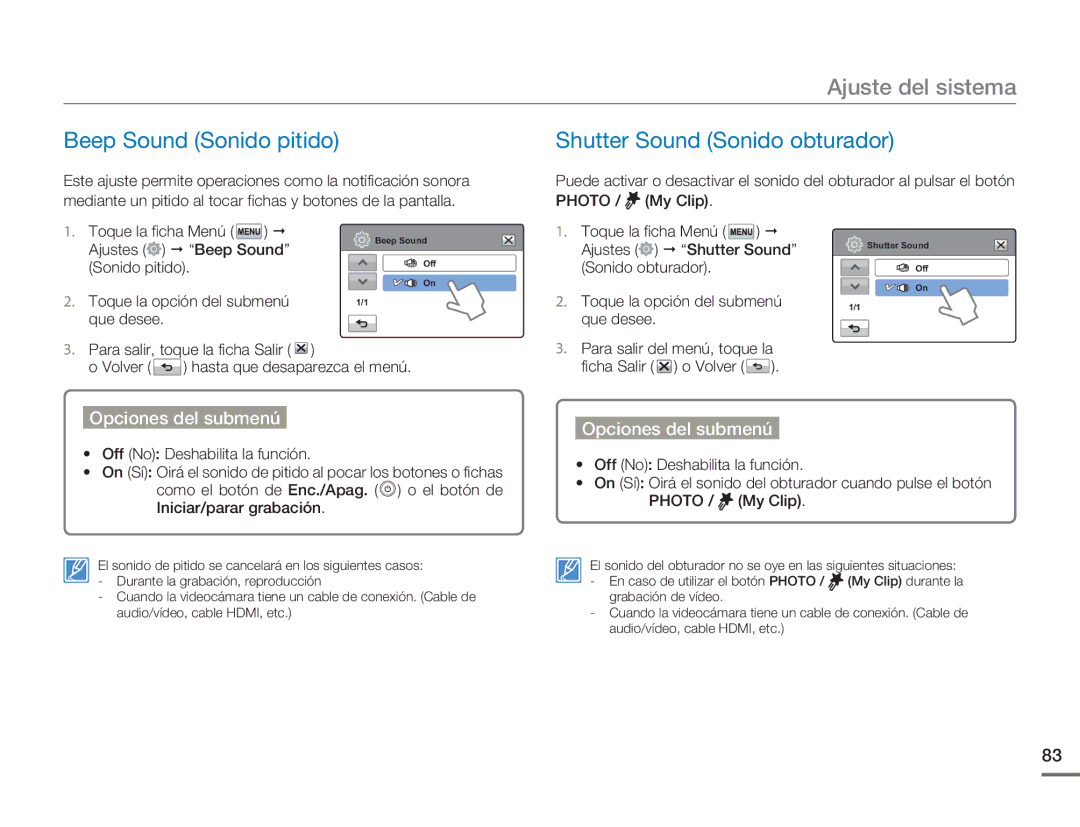 Samsung HMX-H400BP/XIL, HMX-H400BP/EDC manual Beep Sound Sonido pitido, Shutter Sound Sonido obturador, Ajustes Beep Sound 