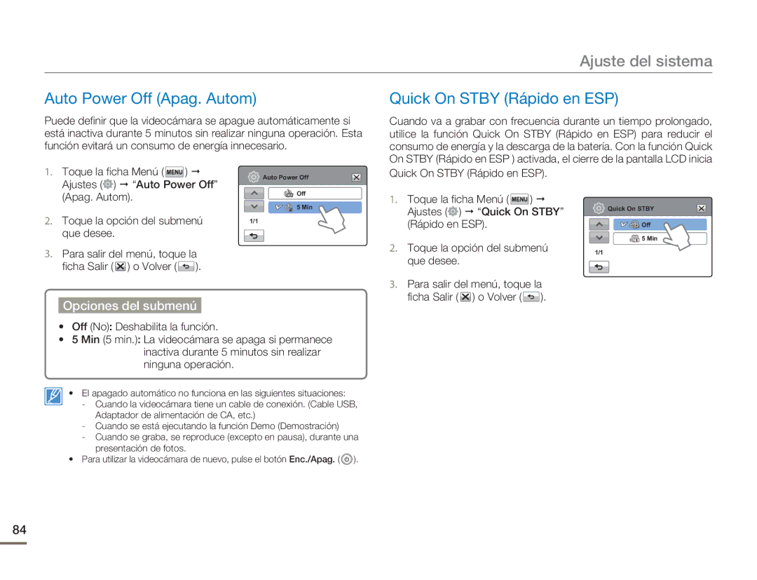 Samsung HMX-H400BP/EDC, HMX-H400BP/XIL manual Auto Power Off Apag. Autom, Quick On Stby Rápido en ESP, Ajustes Quick On Stby 