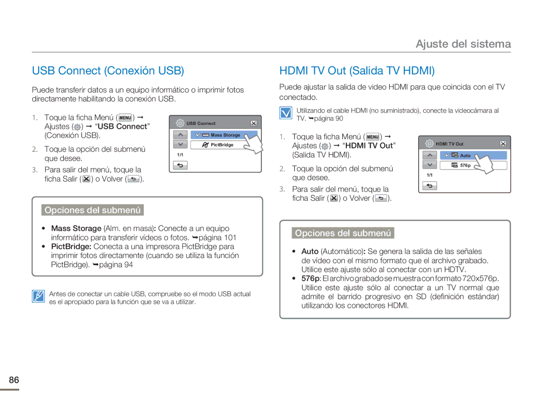 Samsung HMX-H400BP/EDC, HMX-H400BP/XIL manual USB Connect Conexión USB, Hdmi TV Out Salida TV Hdmi 