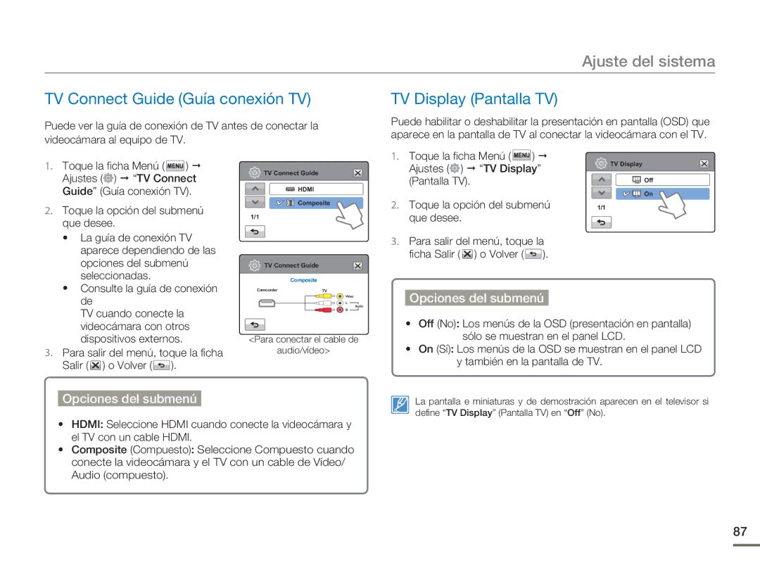 Samsung HMX-H400BP/XIL, HMX-H400BP/EDC TV Connect Guide Guía conexión TV, TV Display Pantalla TV, TV cuando conecte la 