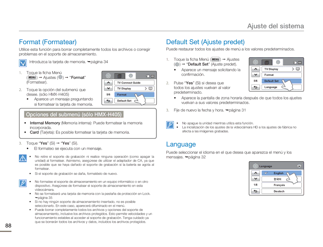 Samsung HMX-H400BP/EDC manual Format Formatear Default Set Ajuste predet, Language, Opciones del submenú sólo HMX-H405 