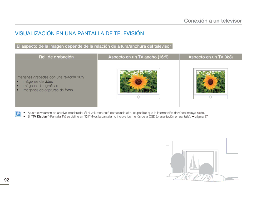 Samsung HMX-H400BP/EDC, HMX-H400BP/XIL manual Visualización EN UNA Pantalla DE Televisión, Aspecto en un TV 