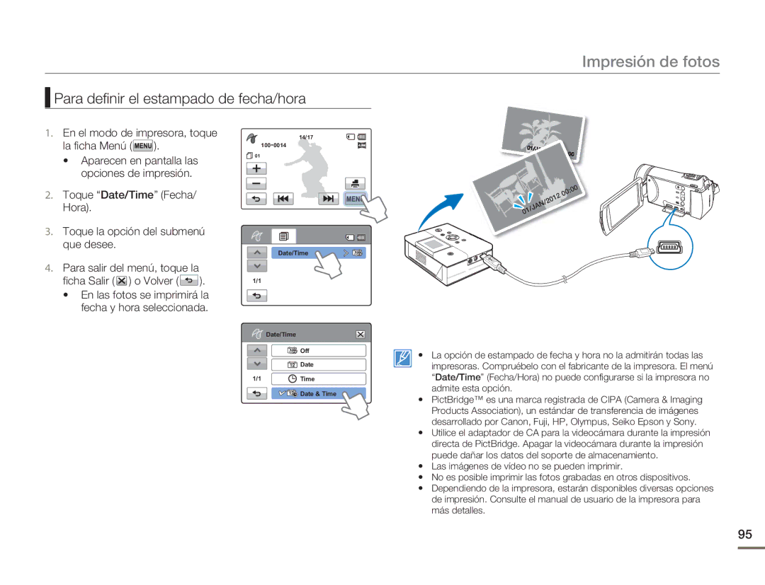 Samsung HMX-H400BP/XIL, HMX-H400BP/EDC manual Impresión de fotos, Para definir el estampado de fecha/hora 