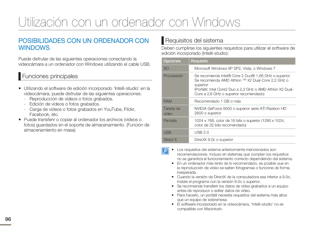 Samsung HMX-H400BP/EDC manual Utilización con un ordenador con Windows, Posibilidades CON UN Ordenador CON Windows 