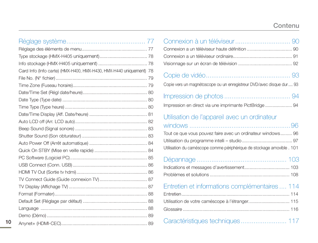 Samsung HMX-H400BP/EDC manual Connexion à un téléviseur, Utilisation de l’appareil avec un ordinateur, 103, 114, 117 