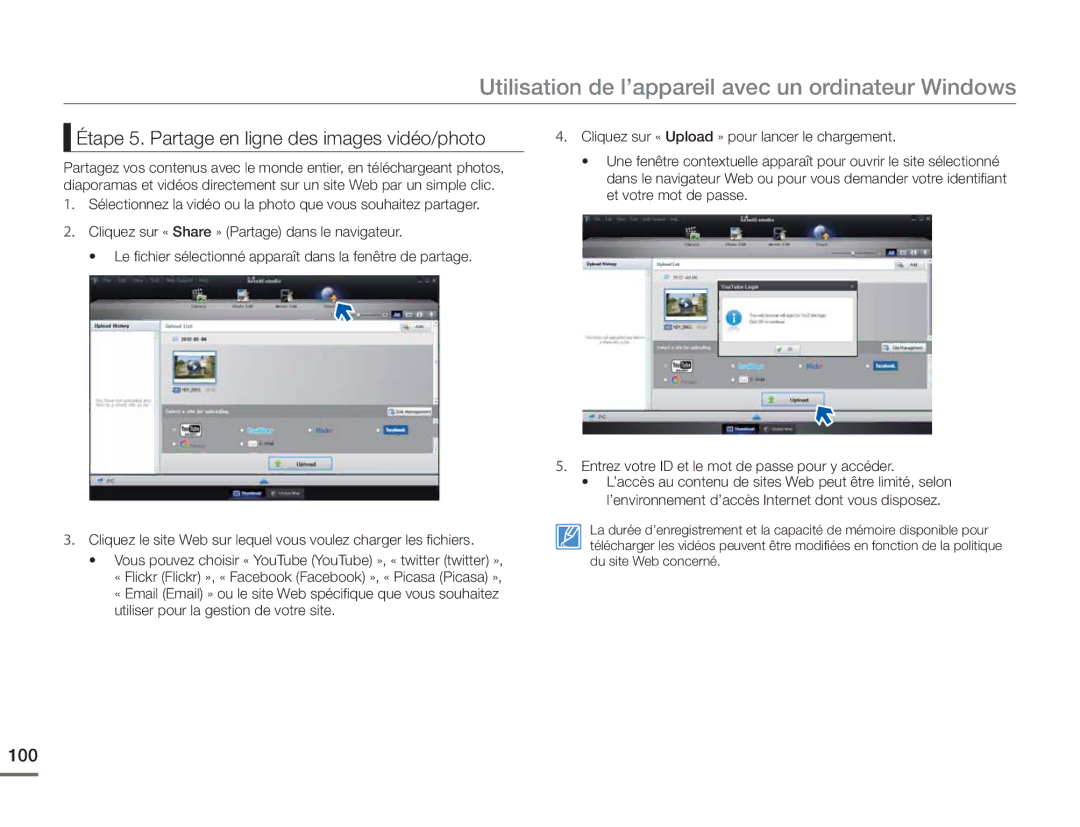 Samsung HMX-H400BP/EDC manual Étape 5. Partage en ligne des images vidéo/photo, 100 