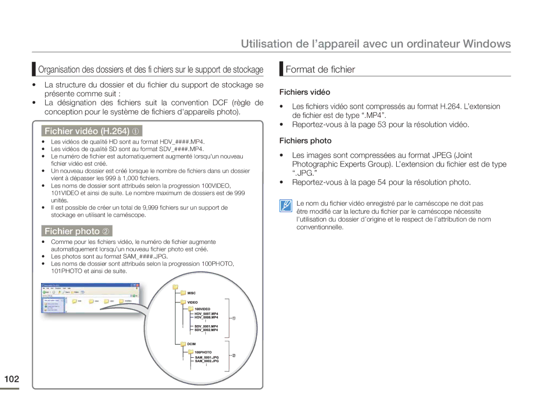 Samsung HMX-H400BP/EDC manual Fichier vidéo H.264, Fichier photo, Format de fichier, 102 