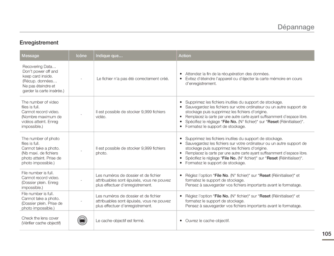 Samsung HMX-H400BP/EDC manual Enregistrement, 105 