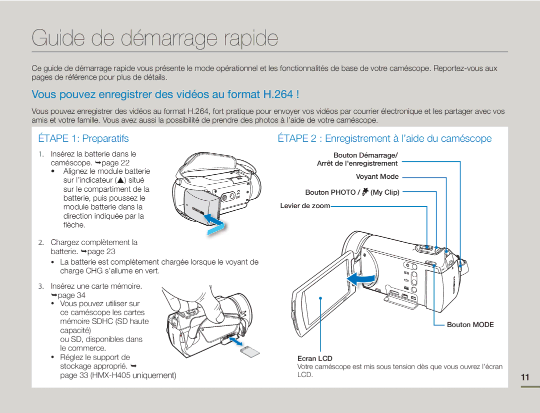 Samsung HMX-H400BP/EDC manual Guide de démarrage rapide, Vous pouvez enregistrer des vidéos au format H.264 