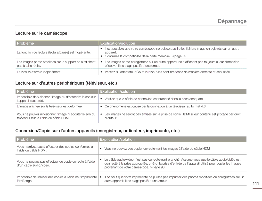 Samsung HMX-H400BP/EDC manual Lecture sur le caméscope, Lecture sur d’autres périphériques téléviseur, etc, 111 