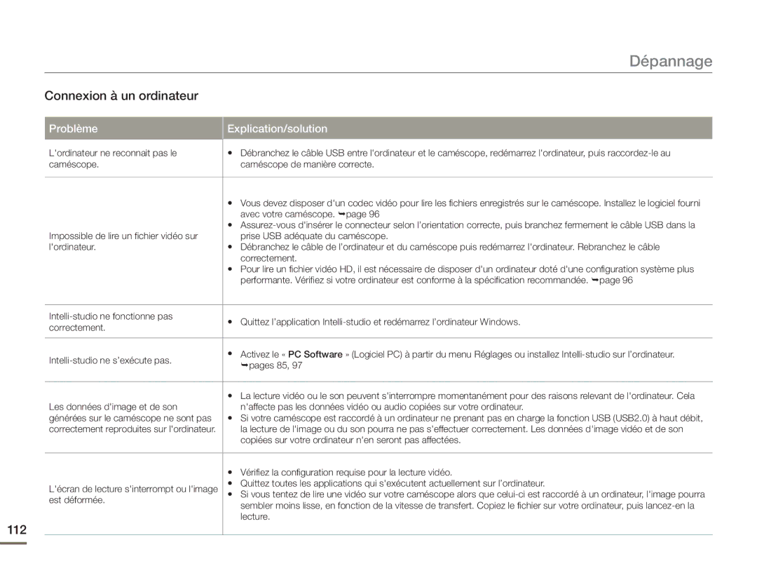 Samsung HMX-H400BP/EDC manual Connexion à un ordinateur 112 