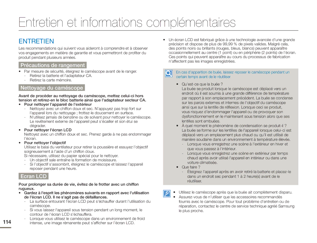 Samsung HMX-H400BP/EDC manual Entretien et informations complémentaires, Précautions de rangement, Nettoyage du caméscope 