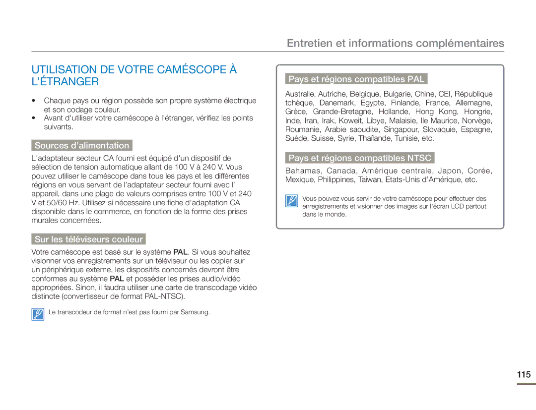 Samsung HMX-H400BP/EDC manual Entretien et informations complémentaires, Utilisation DE Votre Caméscope À L’ÉTRANGER 