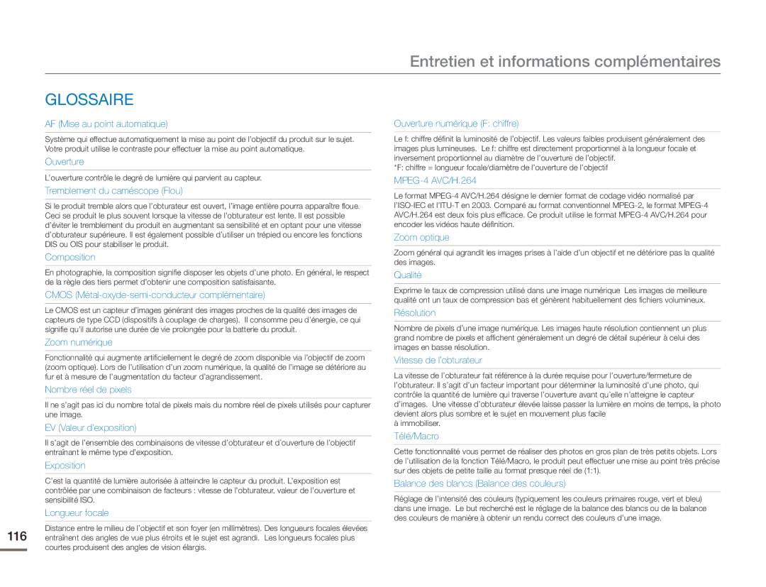 Samsung HMX-H400BP/EDC manual Glossaire, AF Mise au point automatique 