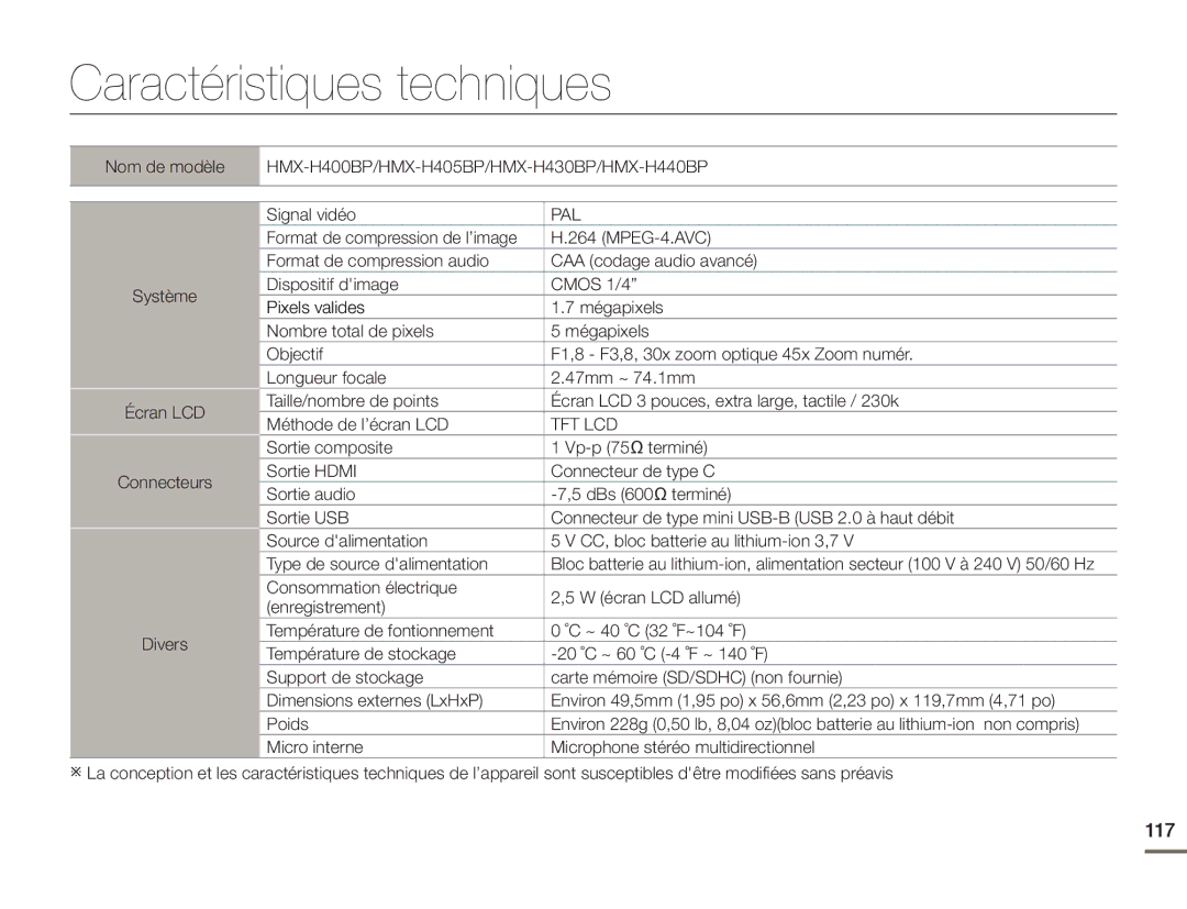 Samsung HMX-H400BP/EDC manual Caractéristiques techniques, 117 