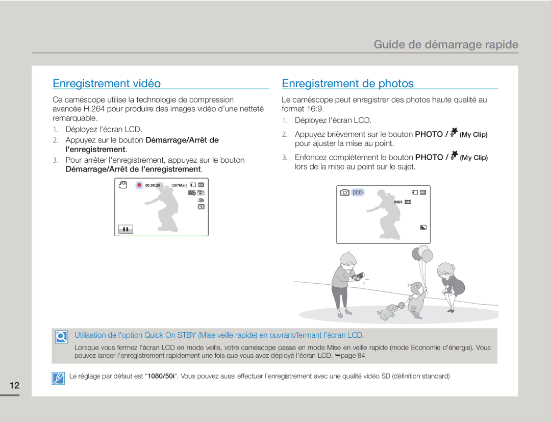 Samsung HMX-H400BP/EDC manual Guide de démarrage rapide, Enregistrement vidéo, Enregistrement de photos 