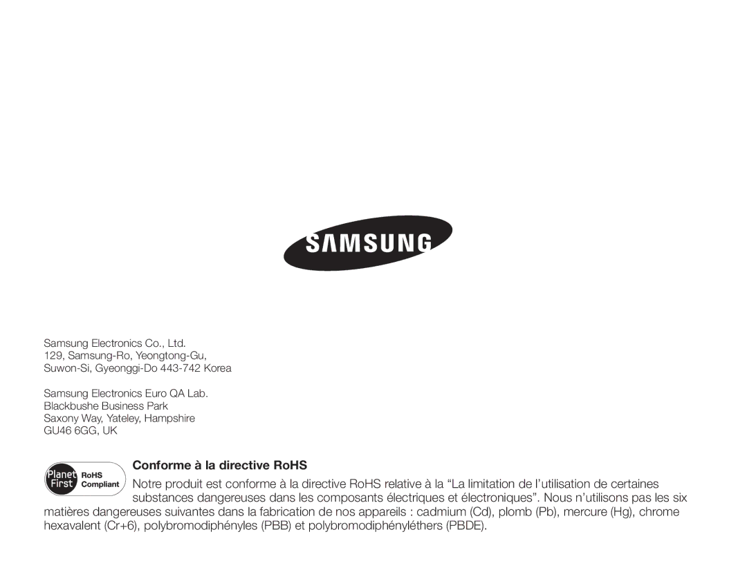 Samsung HMX-H400BP/EDC manual Conforme à la directive RoHS 