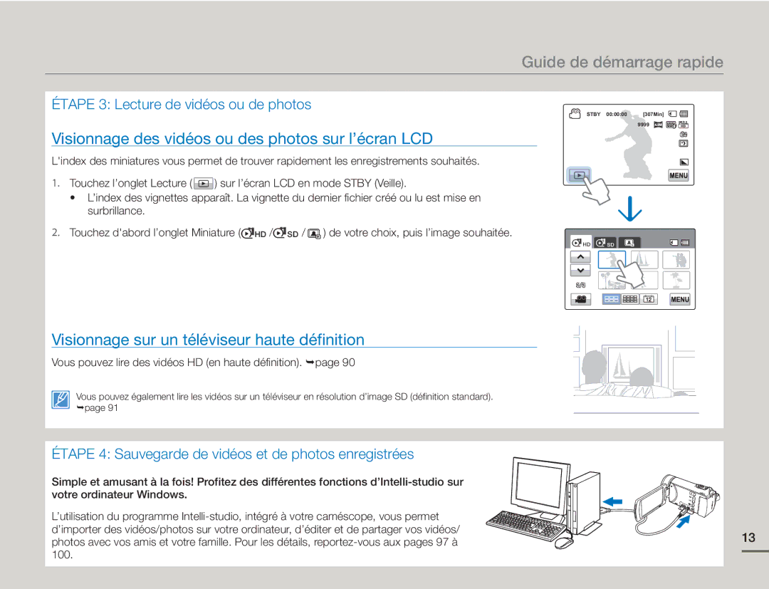 Samsung HMX-H400BP/EDC Visionnage des vidéos ou des photos sur l’écran LCD, Visionnage sur un téléviseur haute définition 