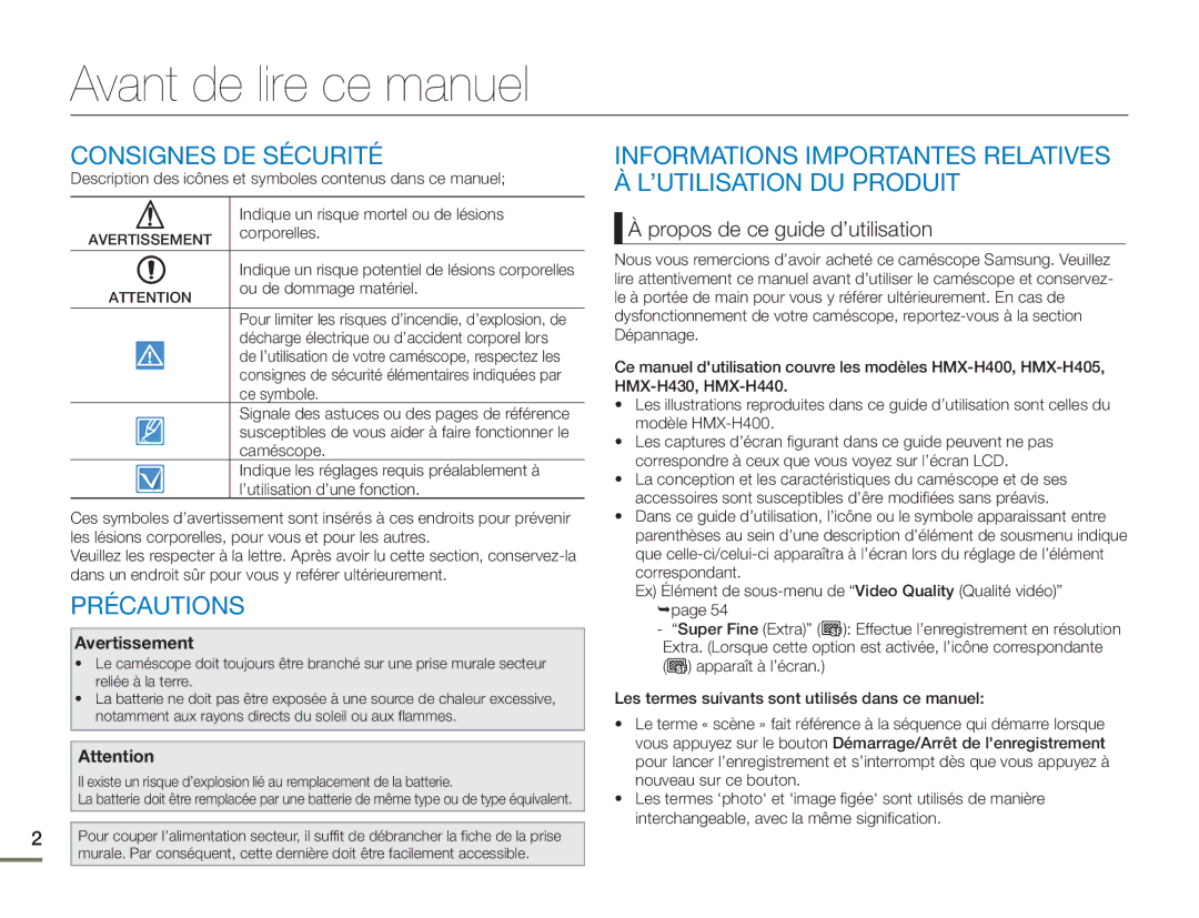 Samsung HMX-H400BP/EDC manual Avant de lire ce manuel, Consignes DE Sécurité, Précautions, Propos de ce guide d’utilisation 