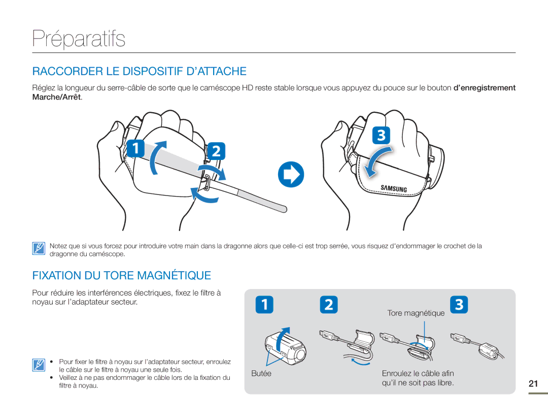 Samsung HMX-H400BP/EDC manual Préparatifs, Raccorder LE Dispositif D’ATTACHE, Fixation DU Tore Magnétique 