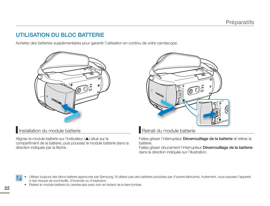 Samsung HMX-H400BP/EDC manual Préparatifs, Utilisation DU Bloc Batterie 