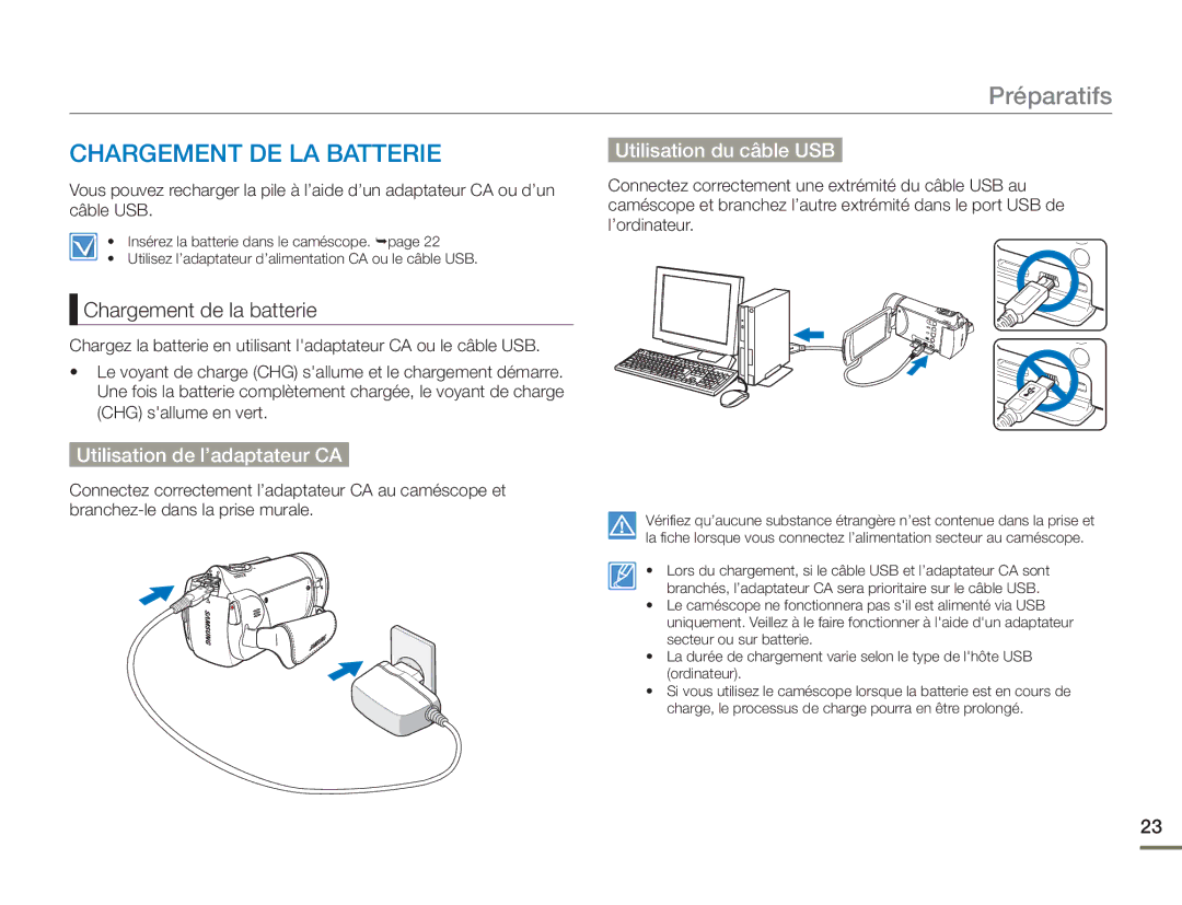 Samsung HMX-H400BP/EDC manual Chargement DE LA Batterie, Chargement de la batterie, Utilisation du câble USB 