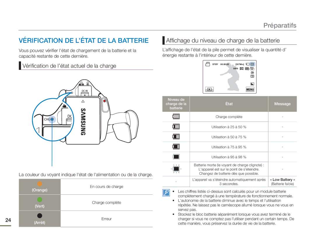 Samsung HMX-H400BP/EDC manual Vérification DE L’ÉTAT DE LA Batterie, Vérification de l’état actuel de la charge 