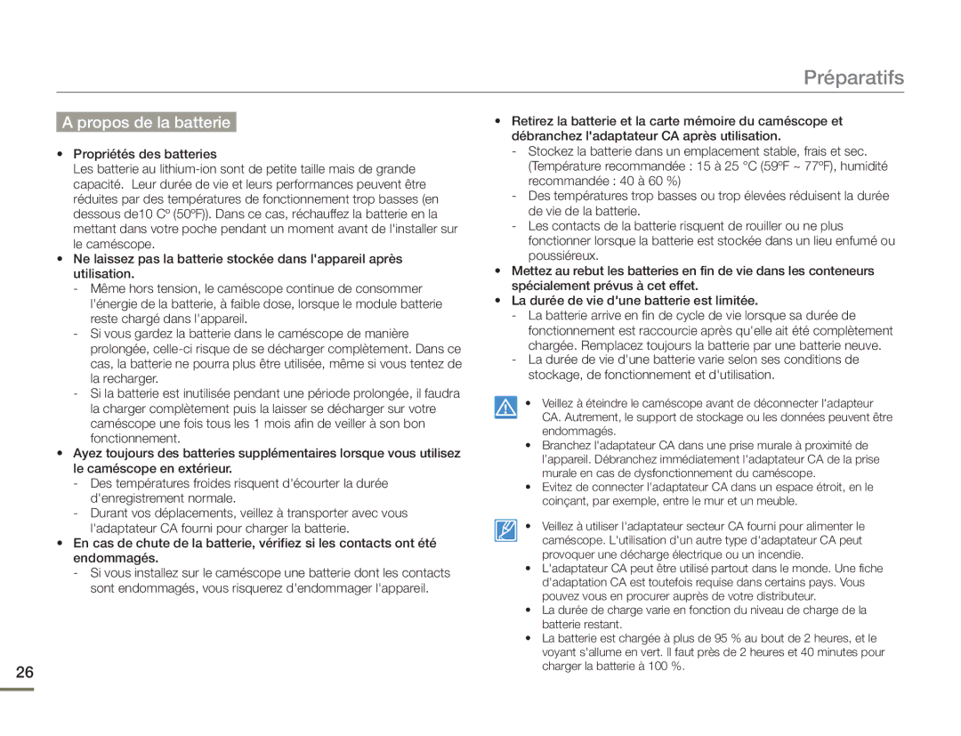 Samsung HMX-H400BP/EDC manual Propos de la batterie 