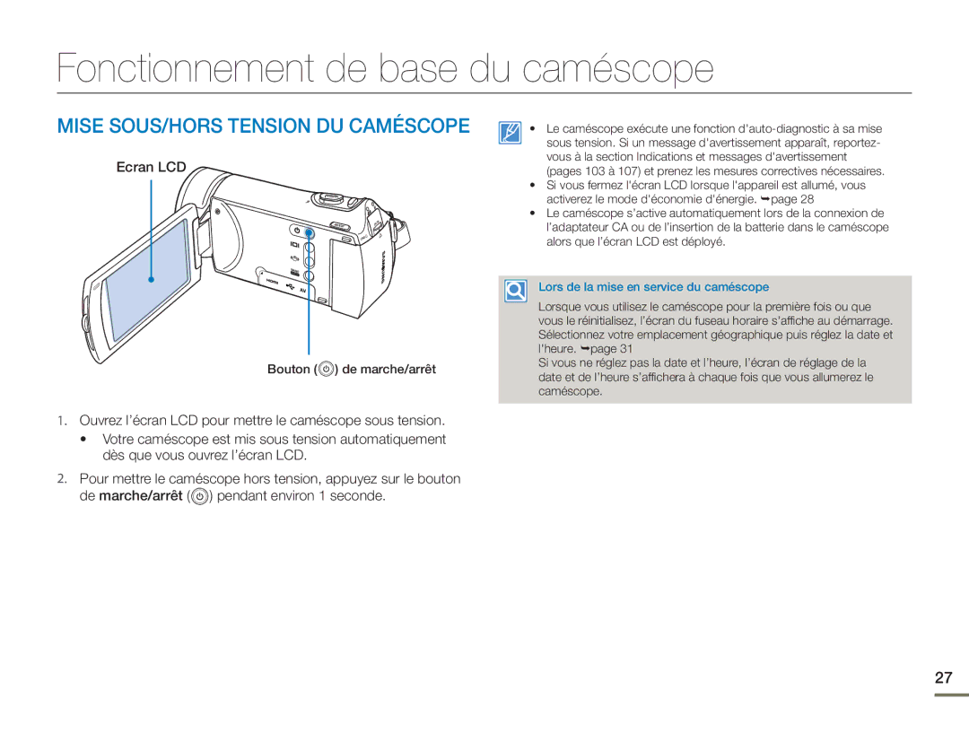 Samsung HMX-H400BP/EDC manual Fonctionnement de base du caméscope, Mise SOUS/HORS Tension DU Caméscope, Ecran LCD 